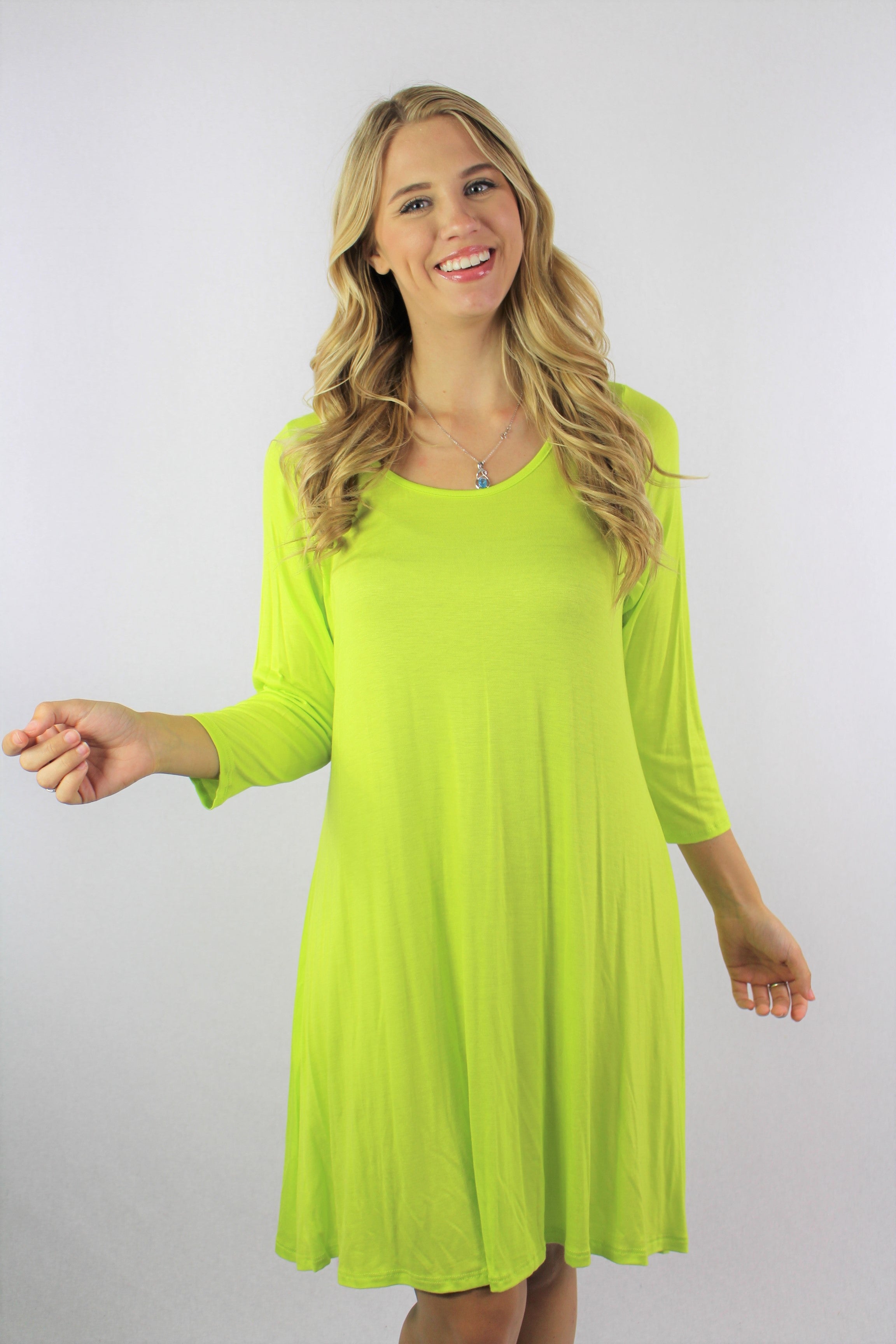 Wholesale Women's 3/4th Sleeve High Low Flowy Tunic Dress - Neon Green Wholesale Women's 3/4th Sleeve High Low Flowy Tunic Dress - Neon Green