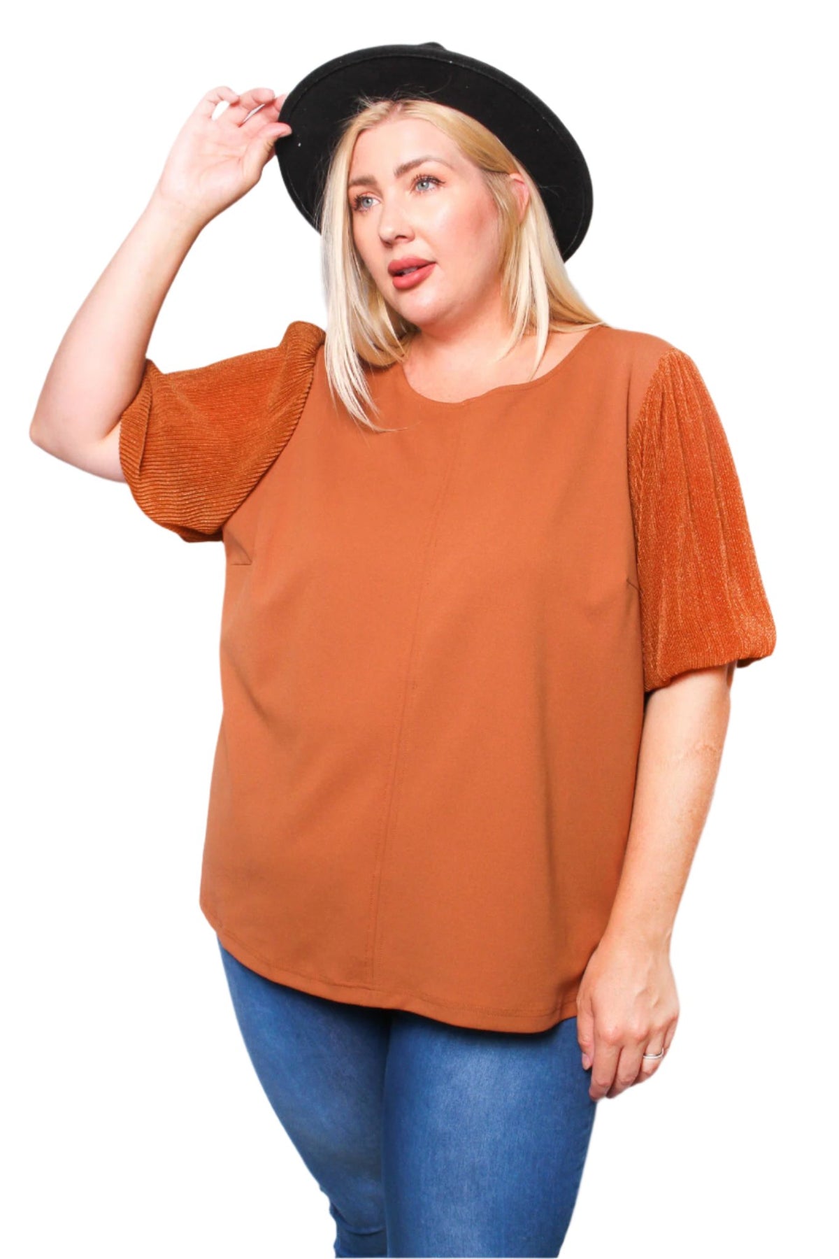 Women's Plus Puff Sleeve Round Neck Blouse