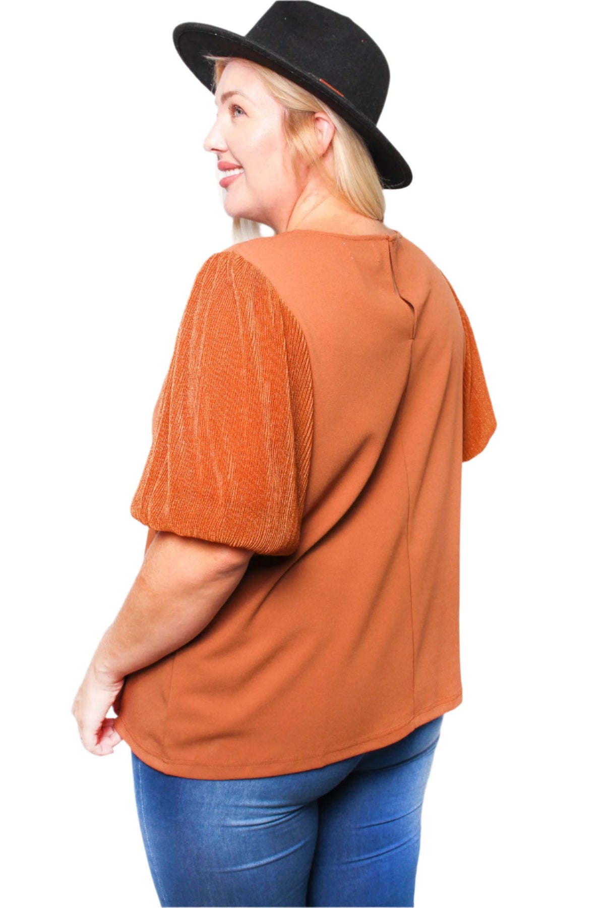 Women's Plus Puff Sleeve Round Neck Blouse