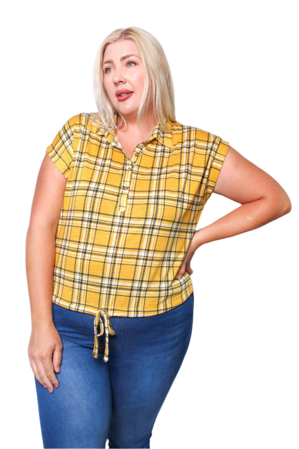 Women's Plus Short Sleeves Drawstring Hem Plaid Top