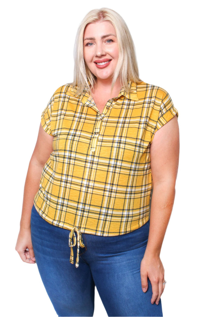 Women's Plus Short Sleeves Drawstring Hem Plaid Top