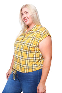 Women's Plus Short Sleeves Drawstring Hem Plaid Top