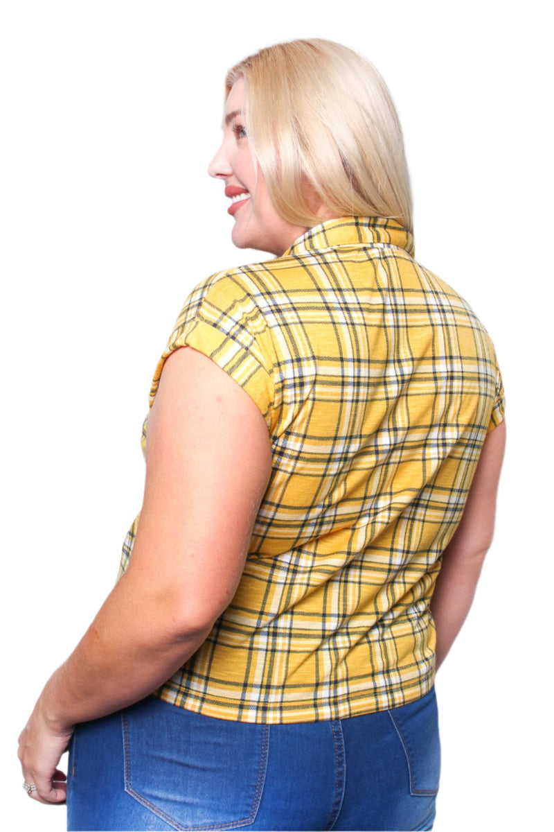 Women's Plus Short Sleeves Drawstring Hem Plaid Top