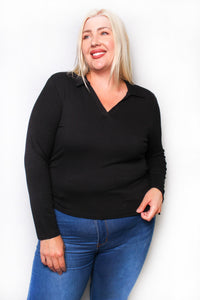Women's Plus Long Sleeves Collar V Neck Ruched Side Ribbed Top