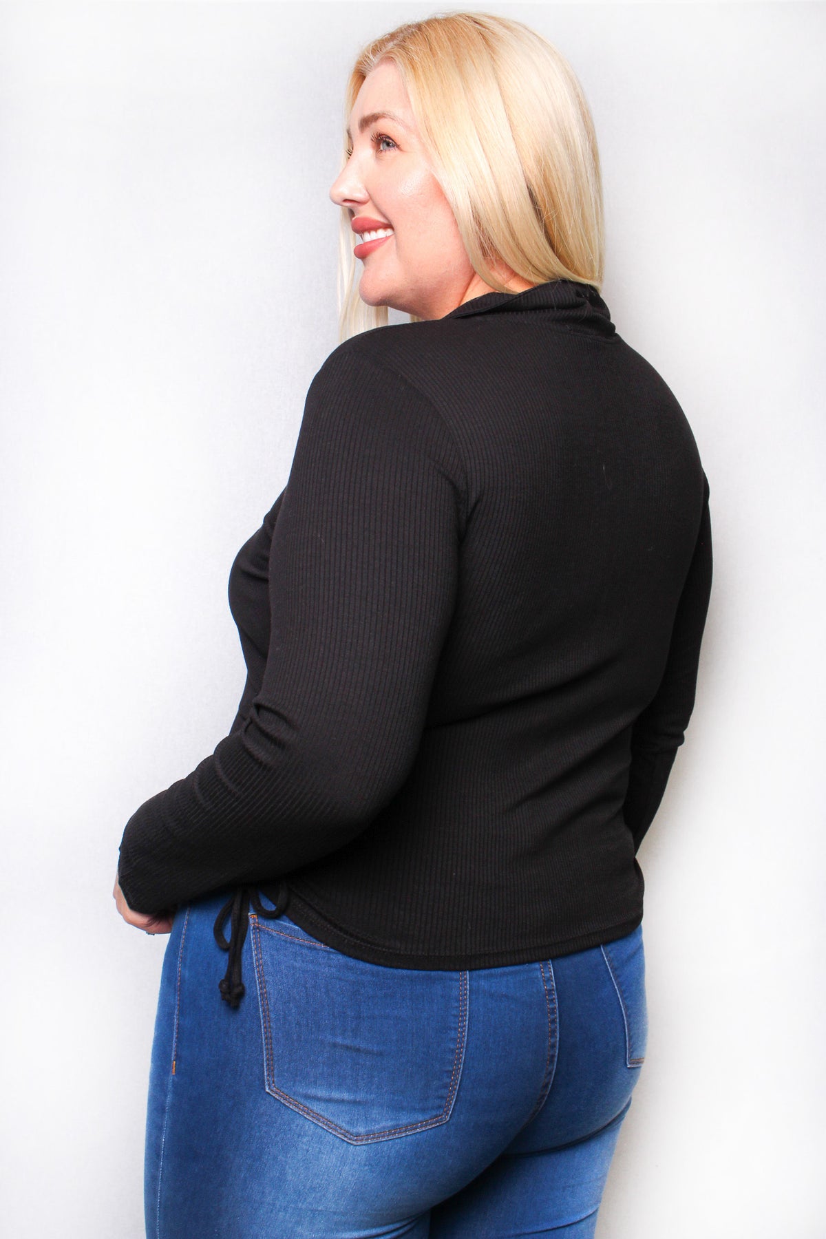 Women's Plus Long Sleeves Collar V Neck Ruched Side Ribbed Top
