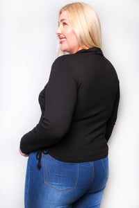 Women's Plus Long Sleeves Collar V Neck Ruched Side Ribbed Top