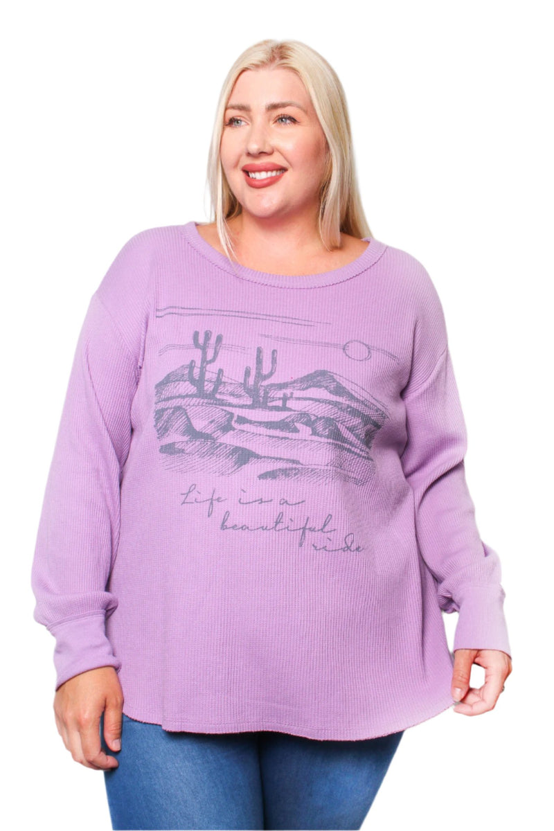 Women's Plus Long Sleeves Waffle Graphic Top