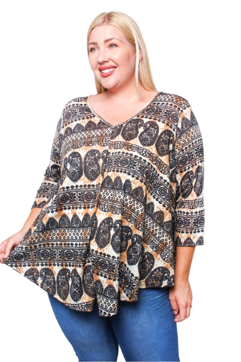 Women's Plus 3/4 Sleeves V Neck Printed Top