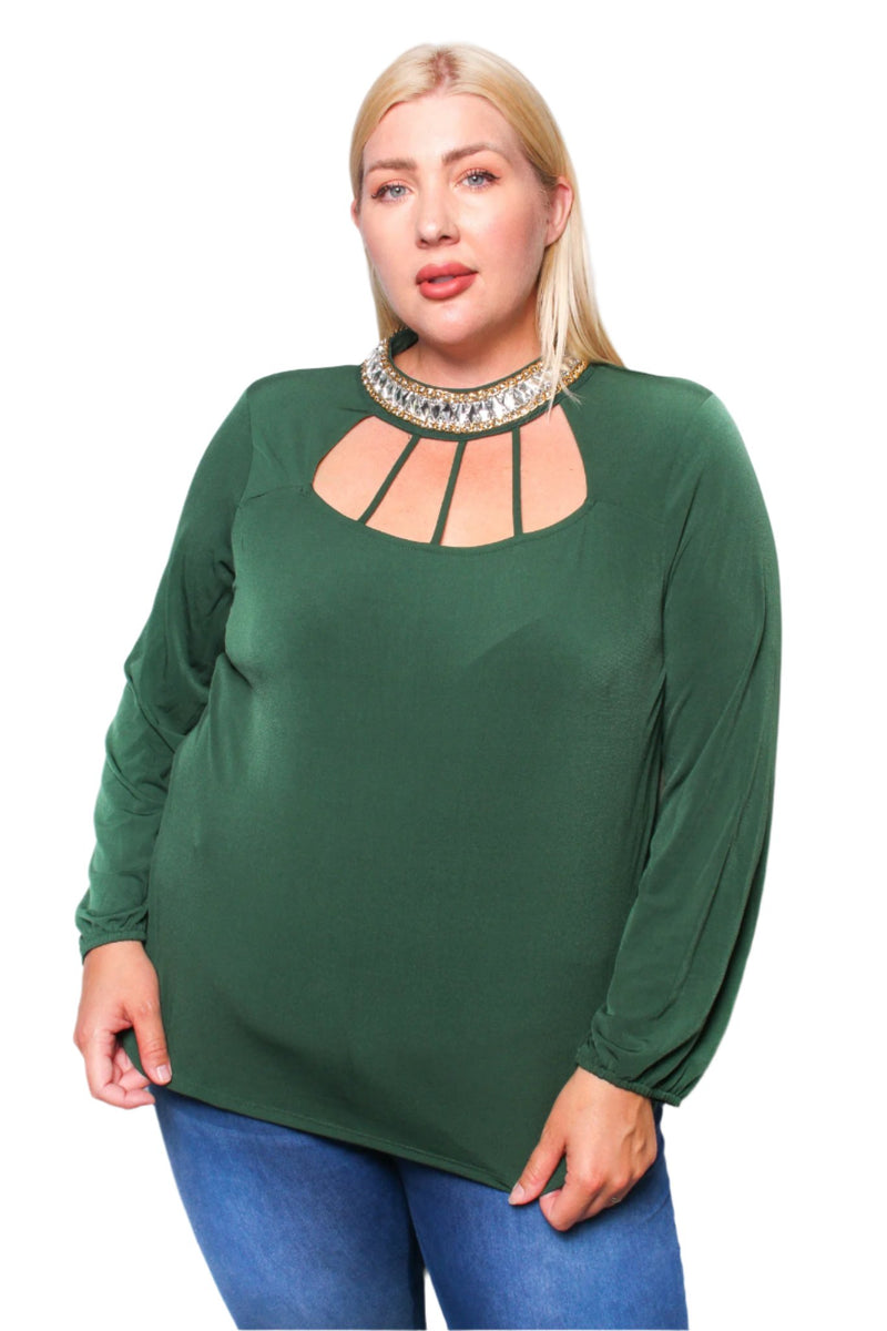 Women's Plus Long Sleeve Bejeweled Neck Cage Blouse