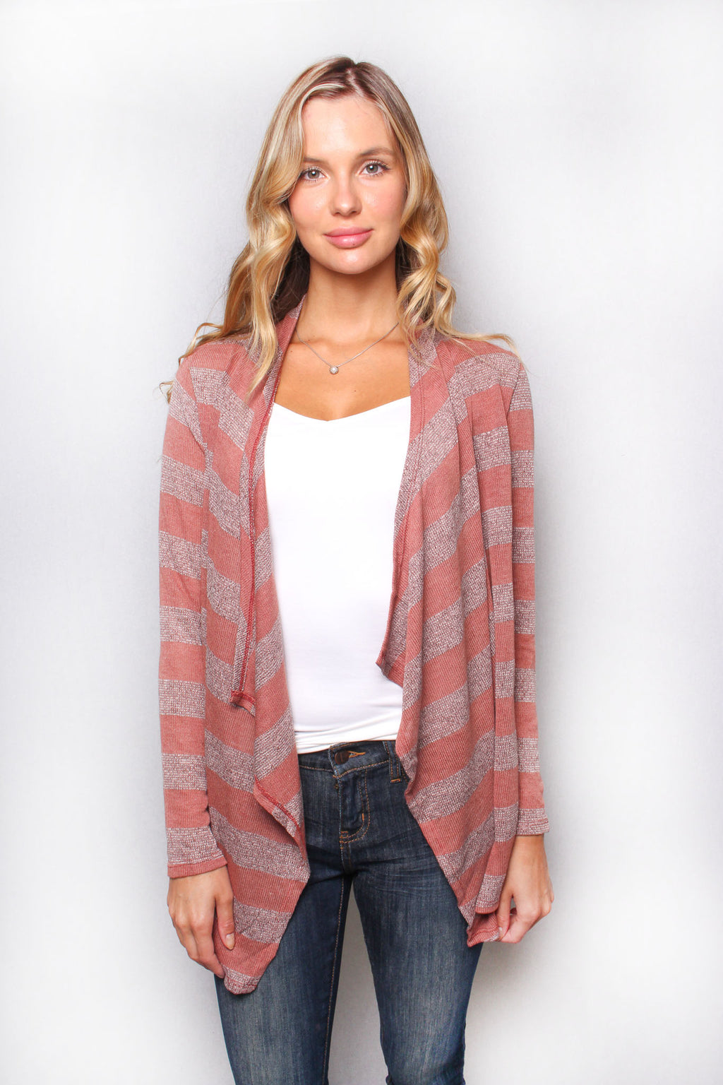 Women's Long Sleeves Open Front Stripes Knit Cardigan