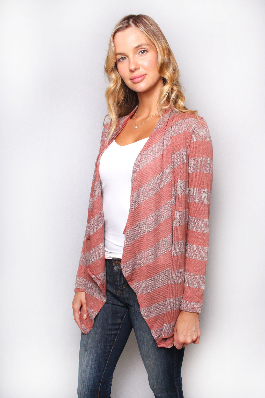 Women's Long Sleeves Open Front Stripes Knit Cardigan