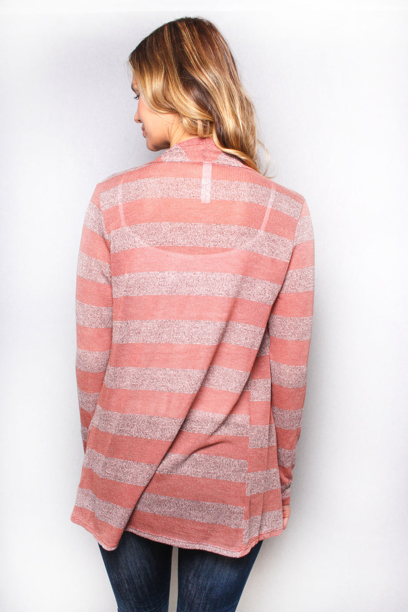 Women's Long Sleeves Open Front Stripes Knit Cardigan