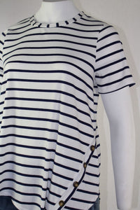 Women's Plus Size Stripe Hi Low Top w/ Button Detail