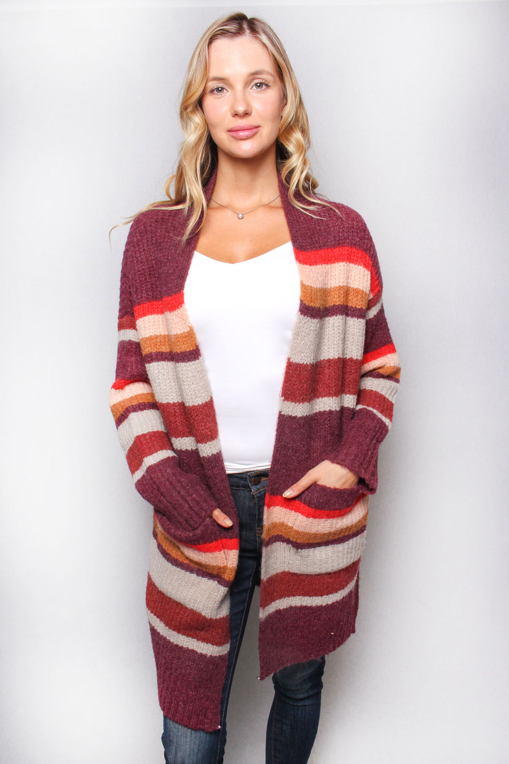 Women’s Long Sleeve Cable Knit Stripes Pocket Cardigan