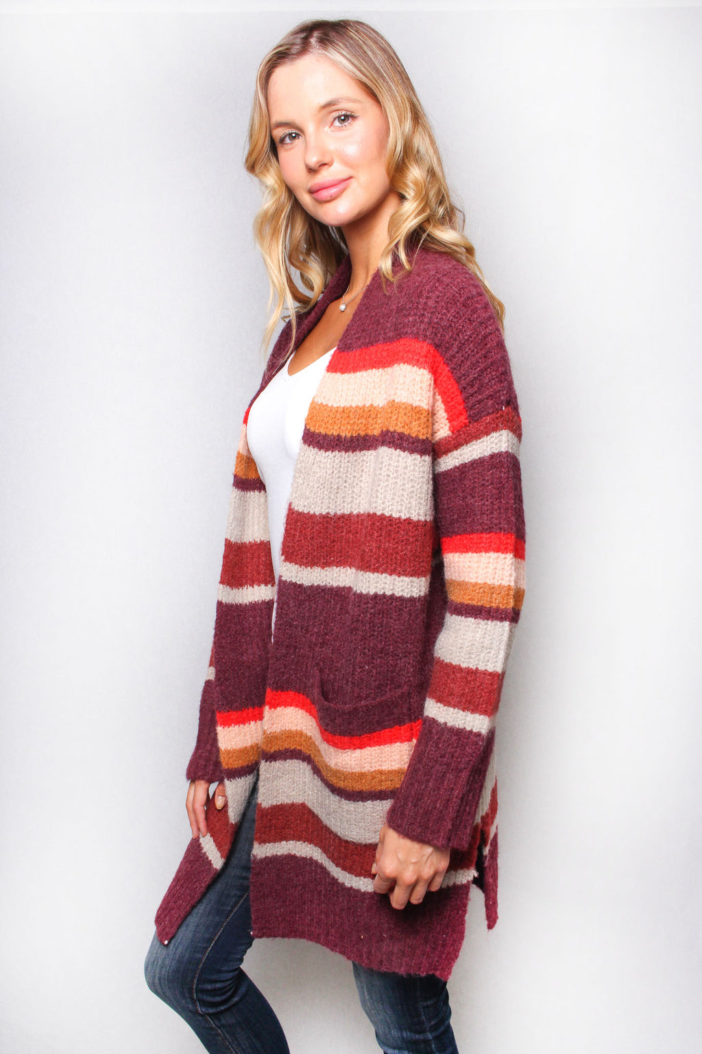 Women’s Long Sleeve Cable Knit Stripes Pocket Cardigan