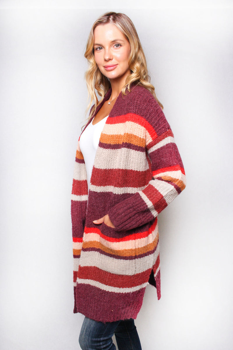 Women’s Long Sleeve Cable Knit Stripes Pocket Cardigan