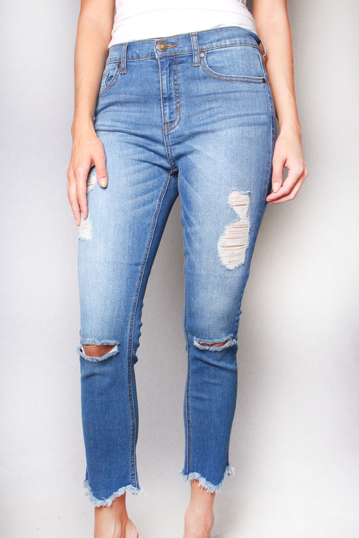 Women's Midrise Distressed Raw Hem Skinny Jeans