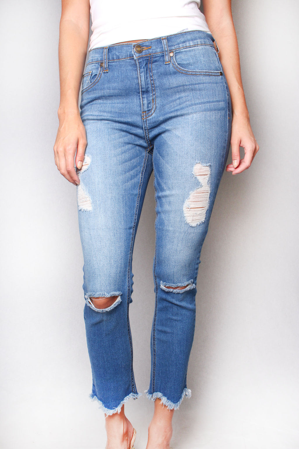 Women's Midrise Distressed Raw Hem Skinny Jeans