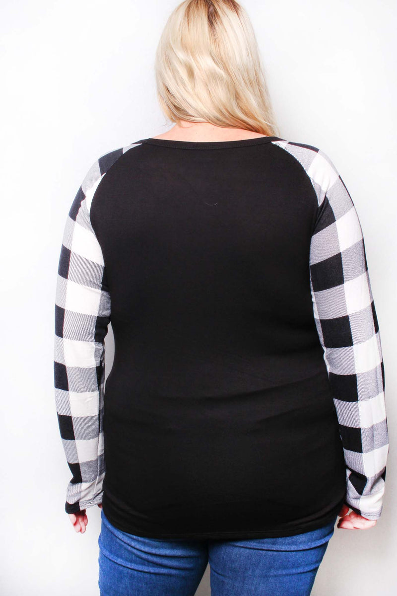 Women's Plus Long Sleeve Round Neck Plaid Raglan Top