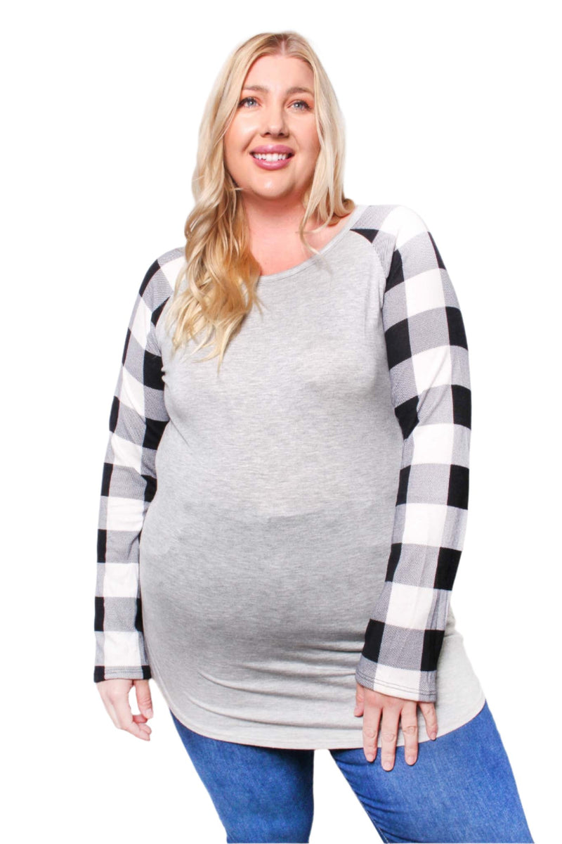 Women's Plus Long Sleeve Round Neck Plaid Raglan Top