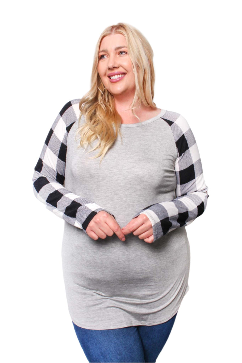 Women's Plus Long Sleeve Round Neck Plaid Raglan Top