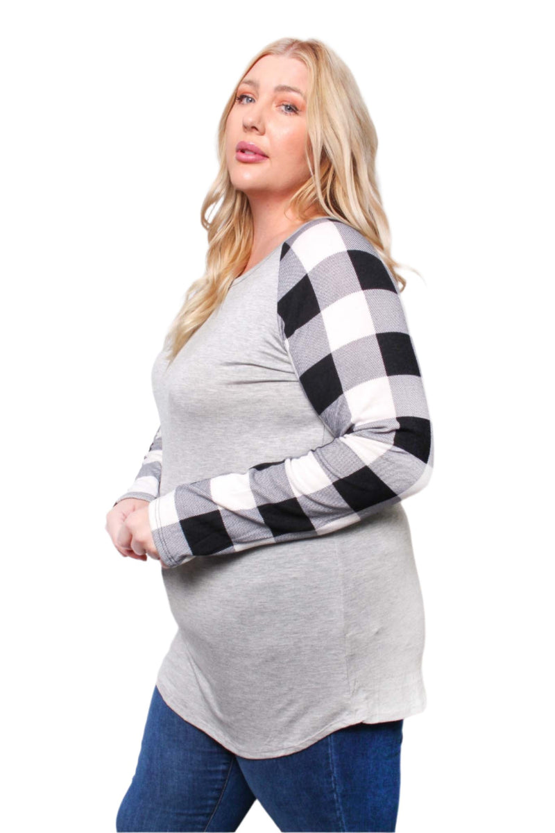 Women's Plus Long Sleeve Round Neck Plaid Raglan Top