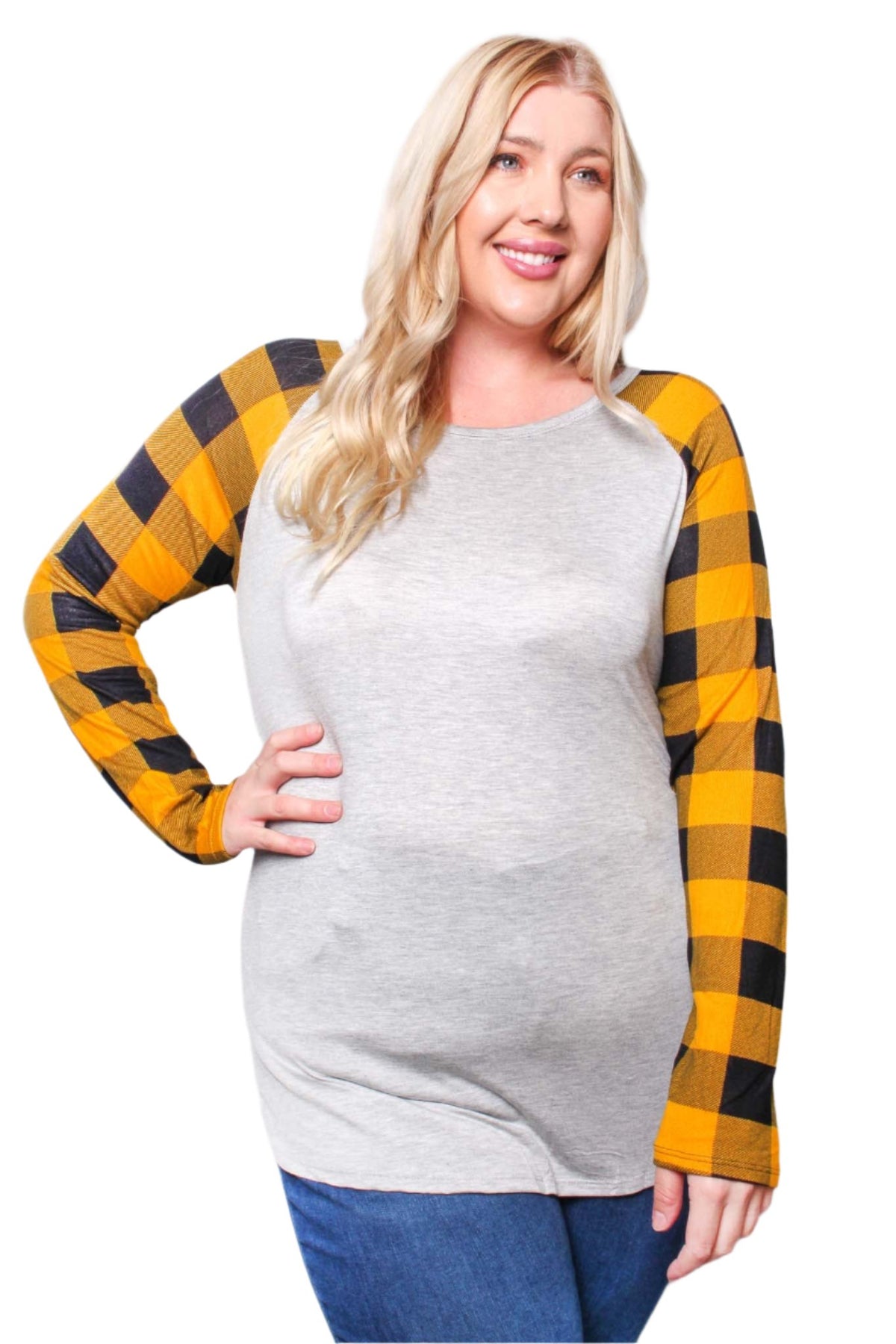 Women's Plus Long Sleeve Round Neck Plaid Raglan Top