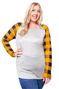 Women's Plus Long Sleeve Round Neck Plaid Raglan Top