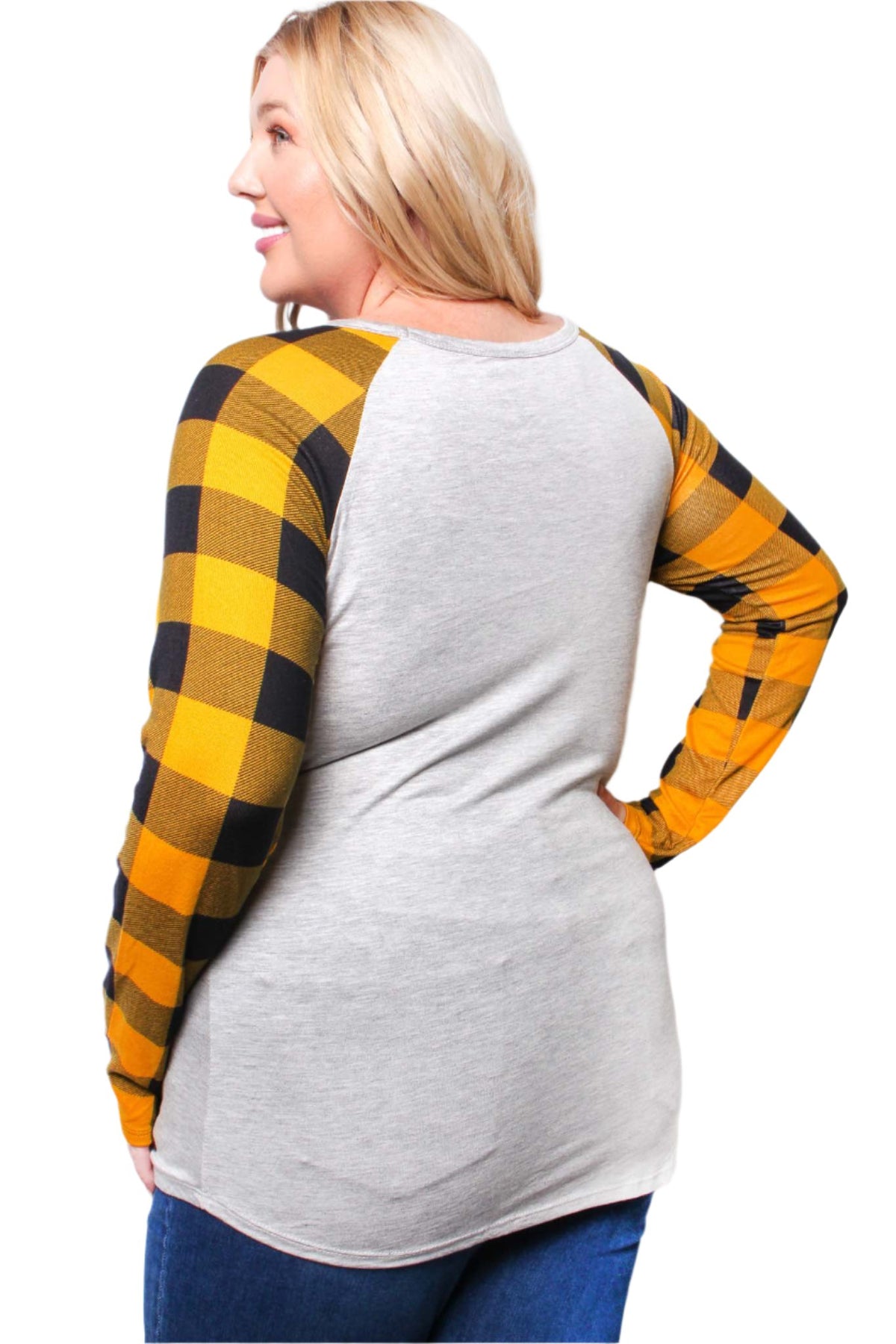 Women's Plus Long Sleeve Round Neck Plaid Raglan Top