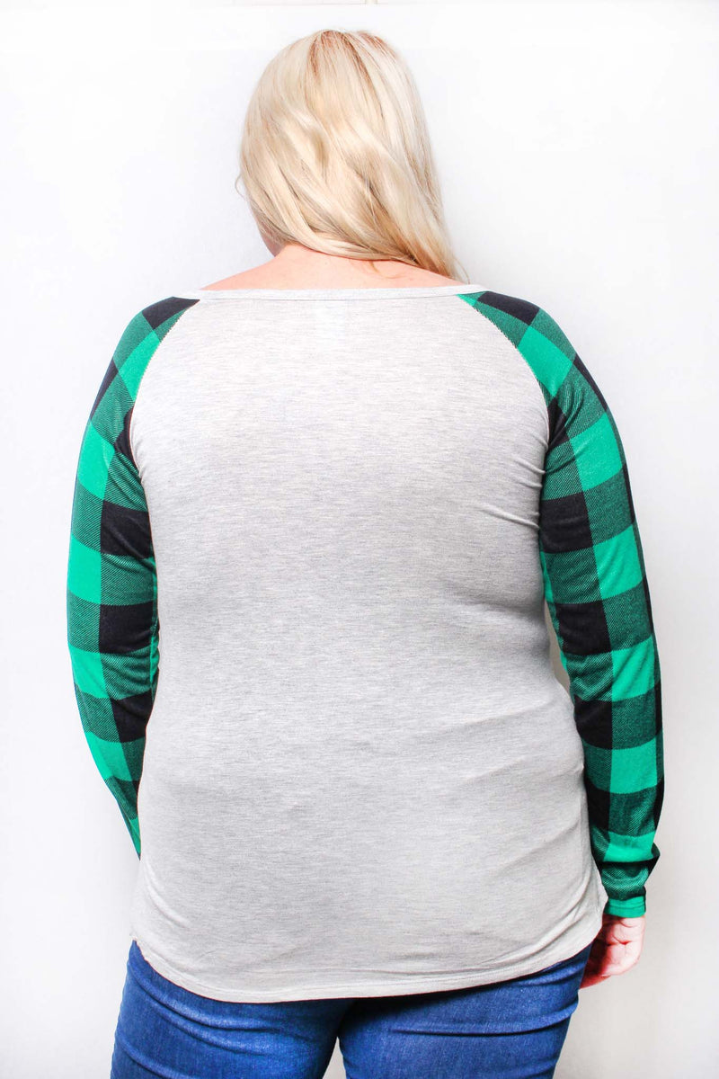 Women's Plus Long Sleeve Round Neck Plaid Raglan Top