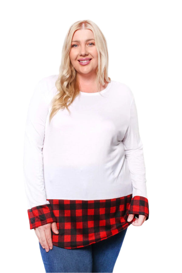 Women's Plus Long Sleeve Round Neck Plaid Detail Top