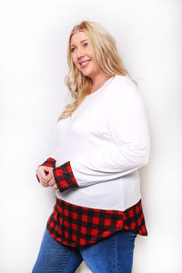 Women's Plus Long Sleeve Round Neck Plaid Detail Top