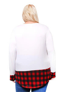 Women's Plus Long Sleeve Round Neck Plaid Detail Top