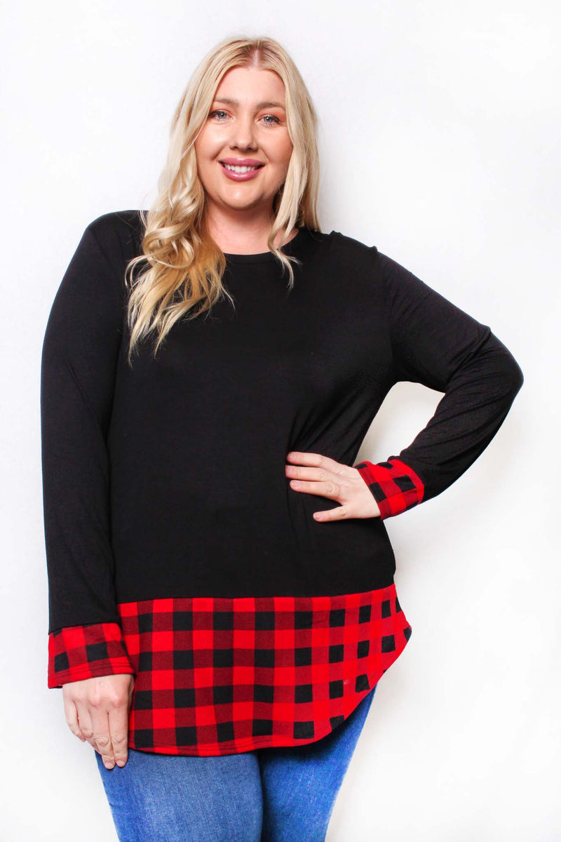 Women's Plus Long Sleeve Round Neck Plaid Detail Top