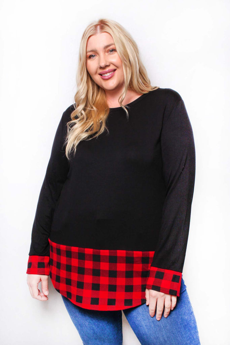 Women's Plus Long Sleeve Round Neck Plaid Detail Top