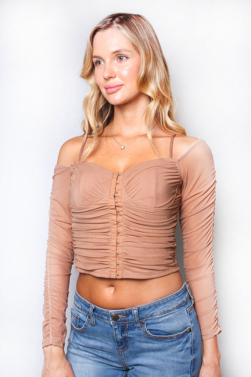 Women's Mesh Sweetheart Neckline Off Shoulder Front Closure Crop Top