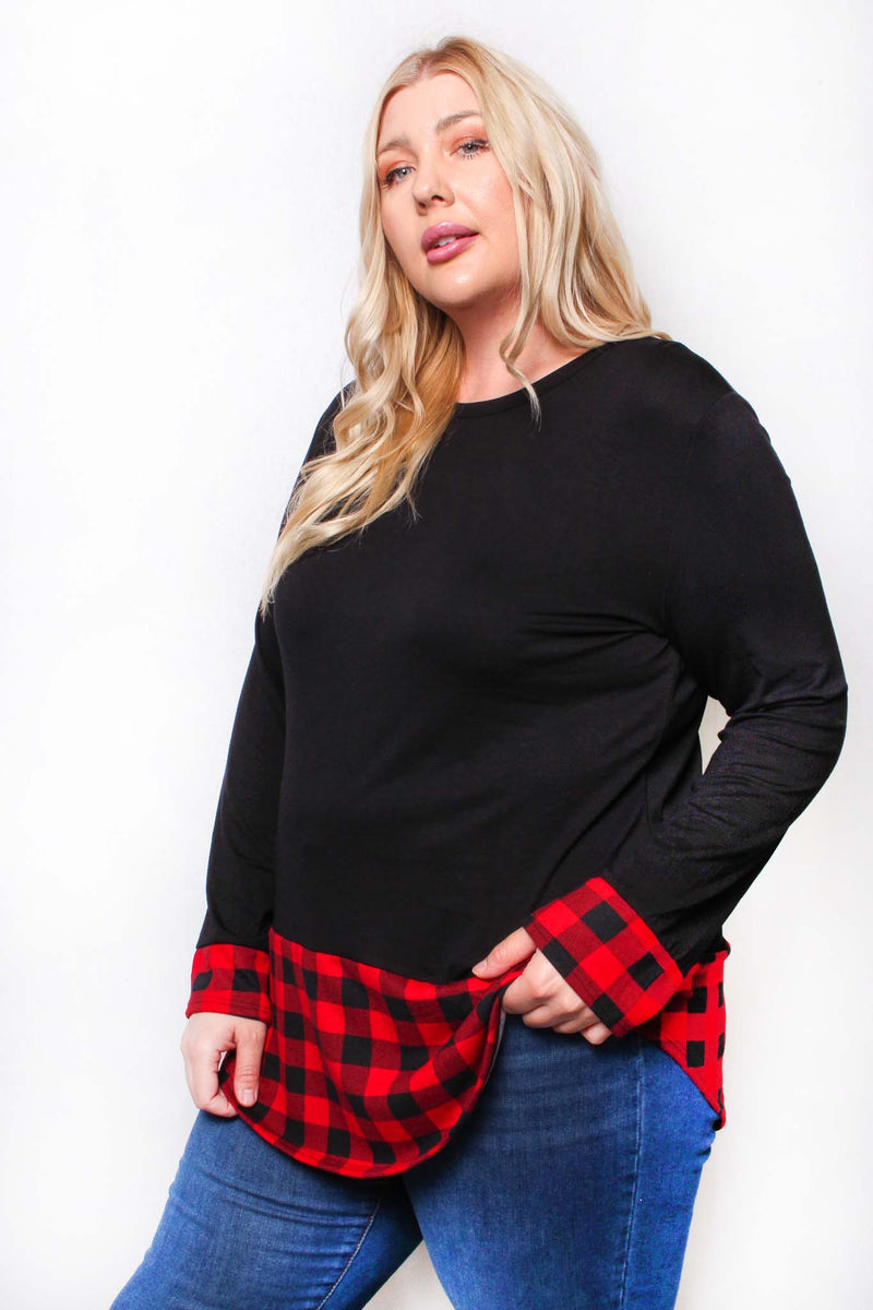 Women's Plus Long Sleeve Round Neck Plaid Detail Top