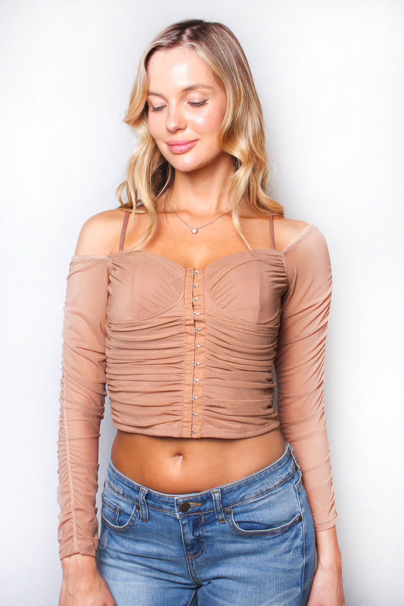 Women's Mesh Sweetheart Neckline Off Shoulder Front Closure Crop Top