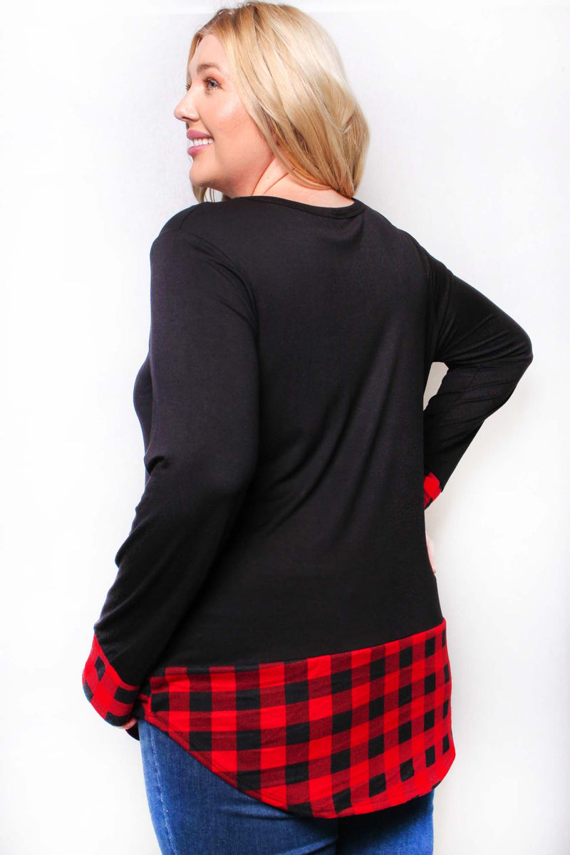 Women's Plus Long Sleeve Round Neck Plaid Detail Top