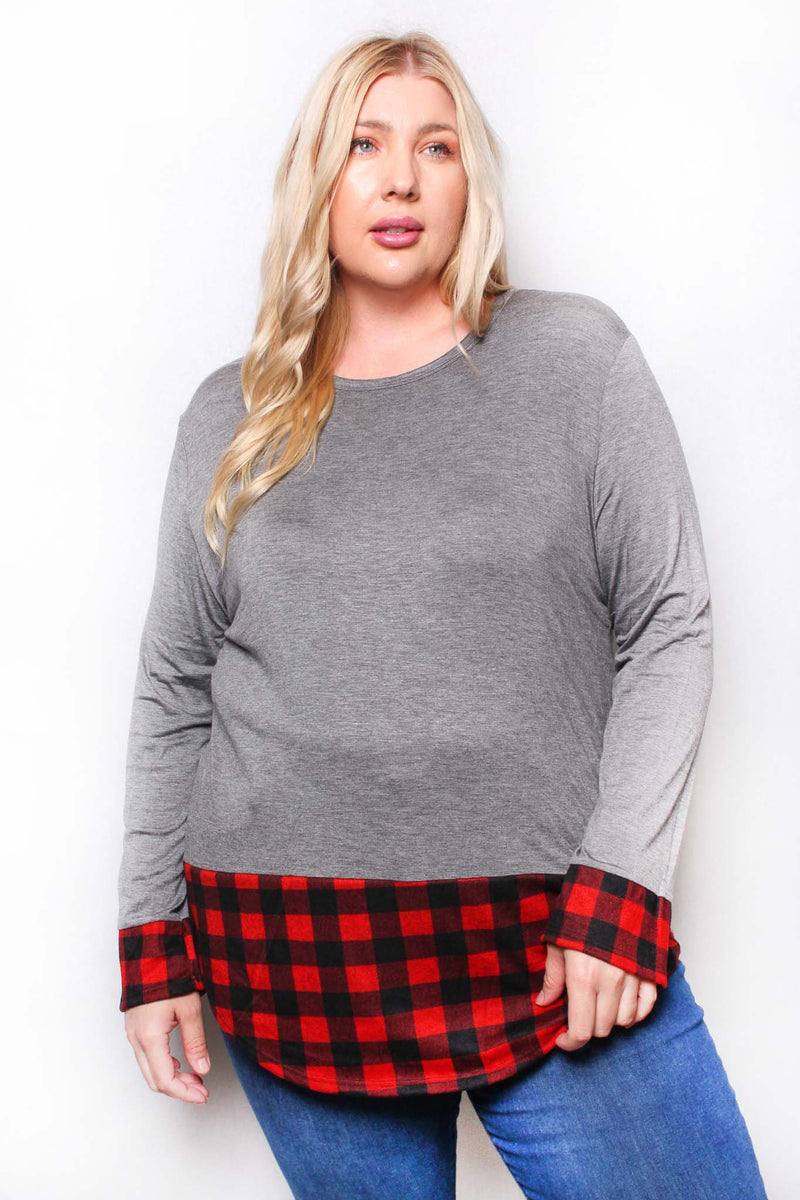 Women's Plus Long Sleeve Round Neck Plaid Detail Top