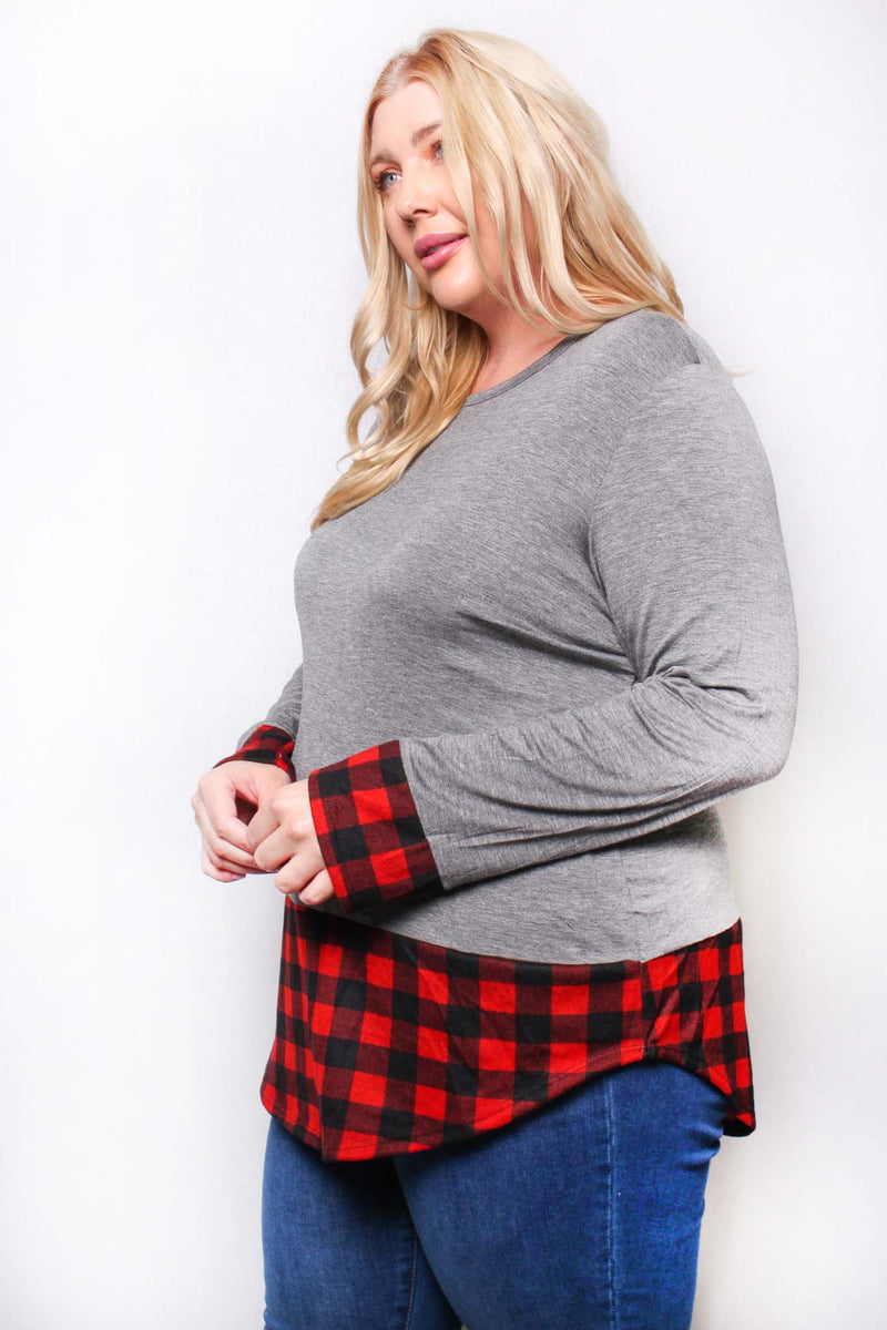 Women's Plus Long Sleeve Round Neck Plaid Detail Top