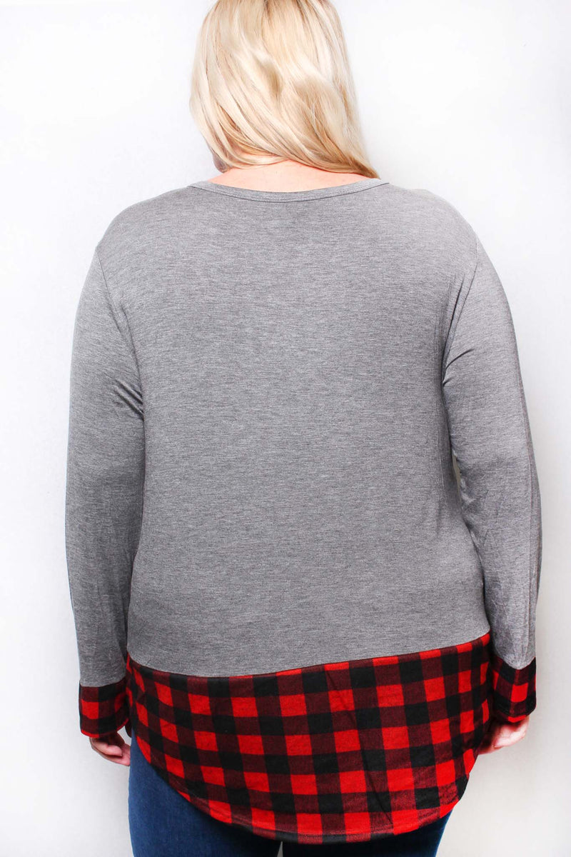 Women's Plus Long Sleeve Round Neck Plaid Detail Top