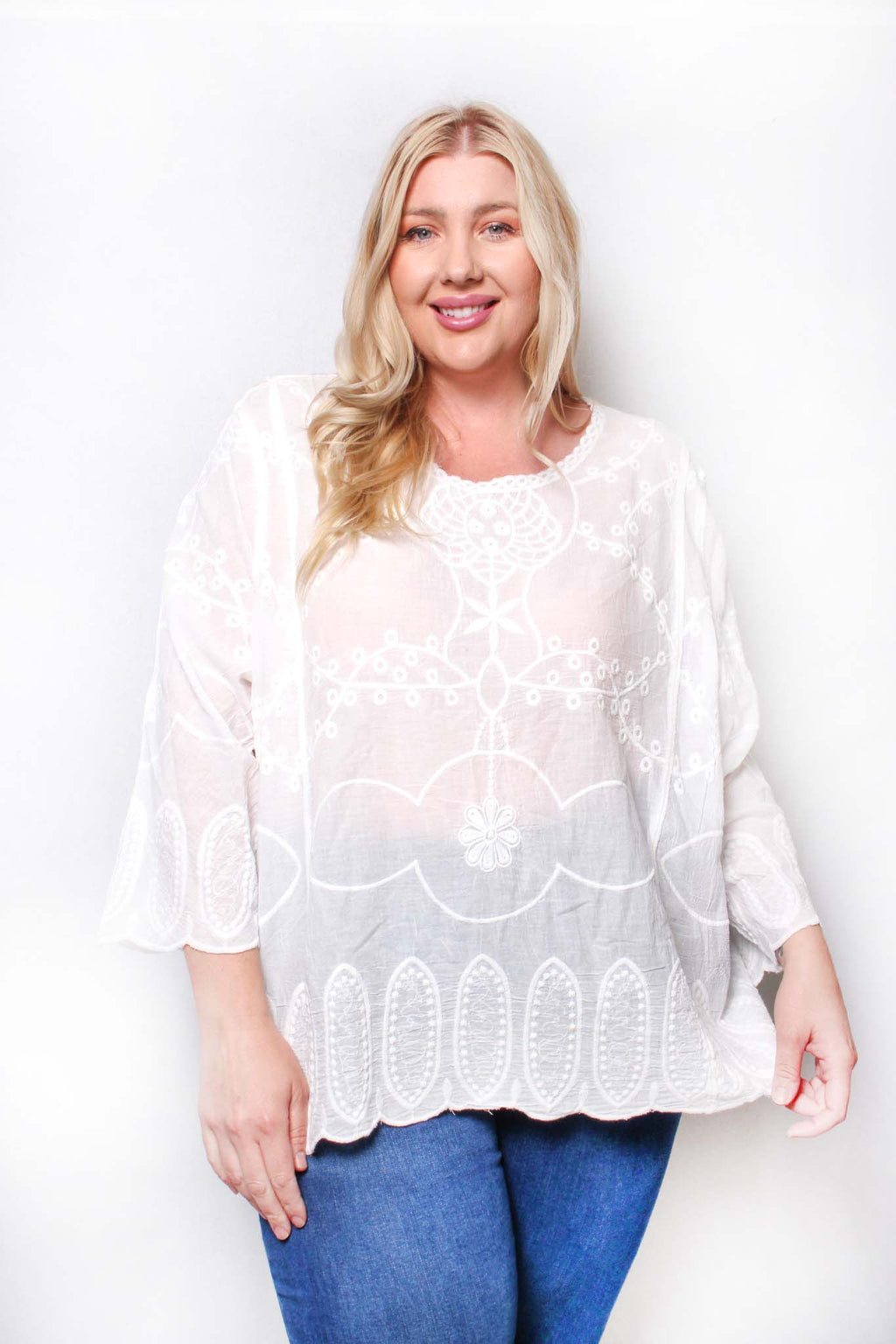 Women's Plus Long Sleeve Round Neck Embroidered Top