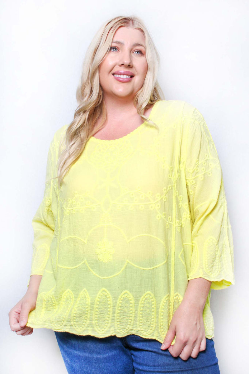 Women's Plus Long Sleeve Round Neck Embroidered Top