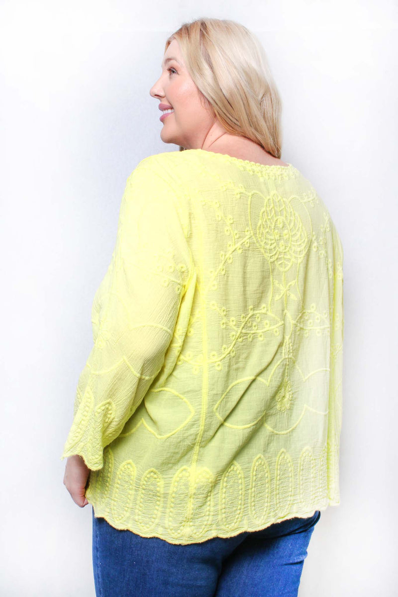 Women's Plus Long Sleeve Round Neck Embroidered Top