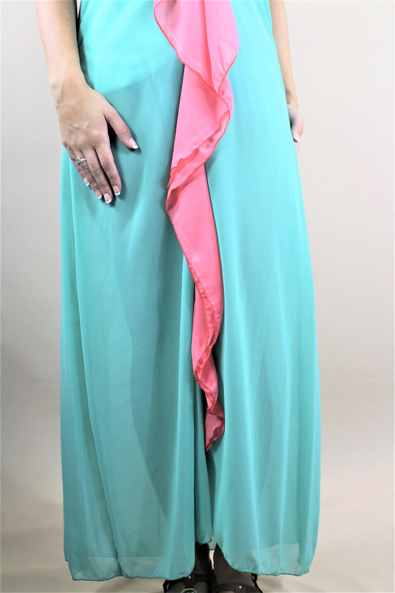 green maxi dress with pink ribbon