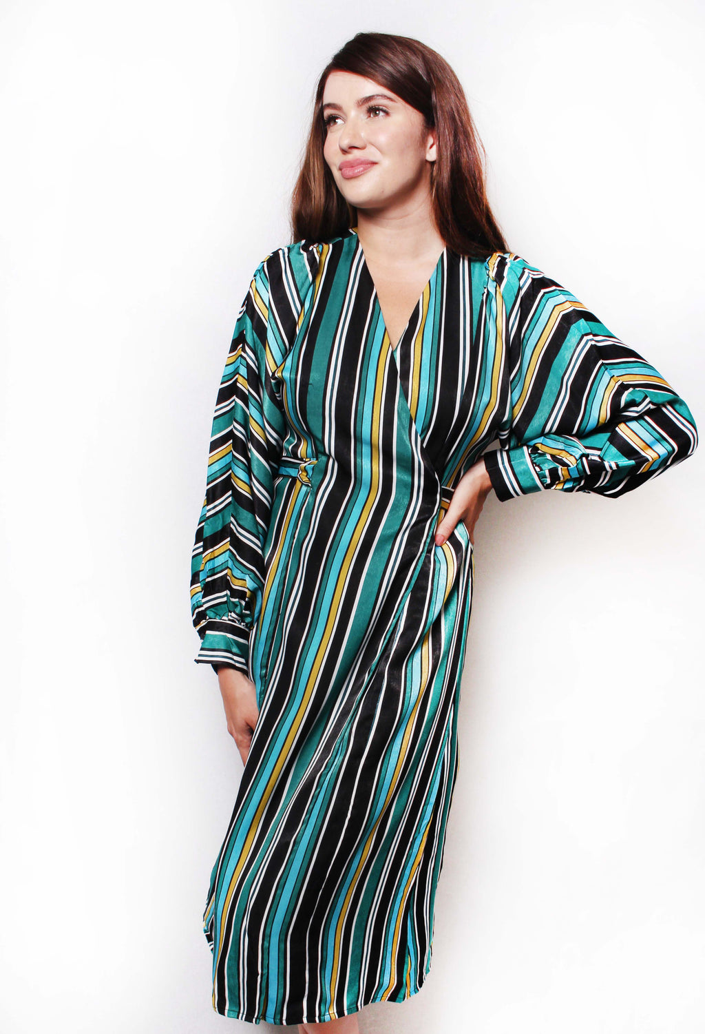 Women's Long Sleeves Striped Button Down Long Dress with Belt