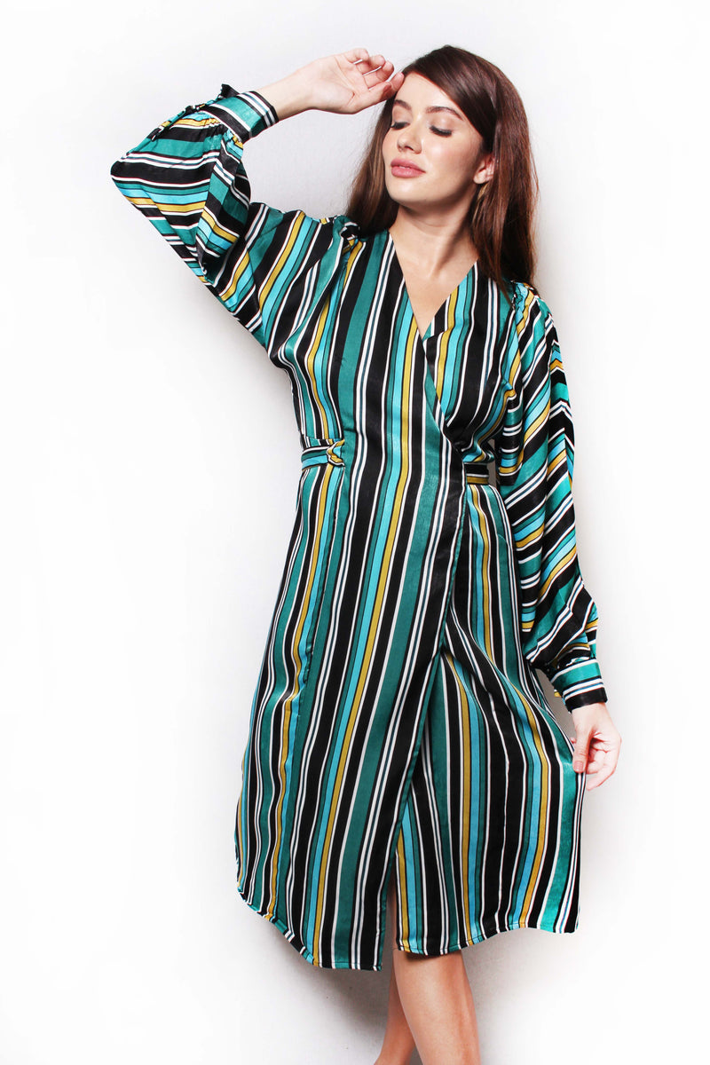 Women's Long Sleeves Striped Button Down Long Dress with Belt