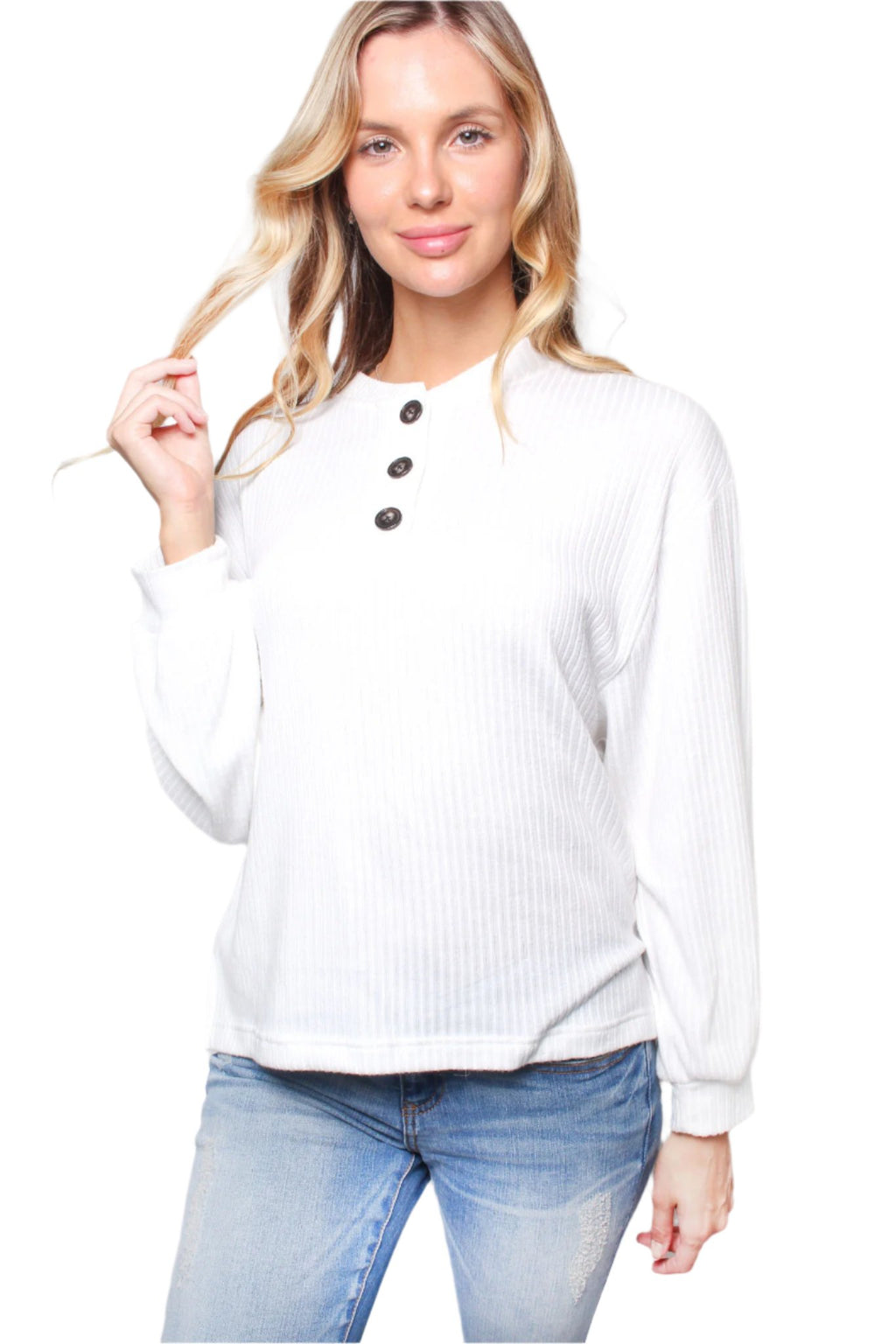 Women's Solid Long Sleeve Ribbed Henley Top