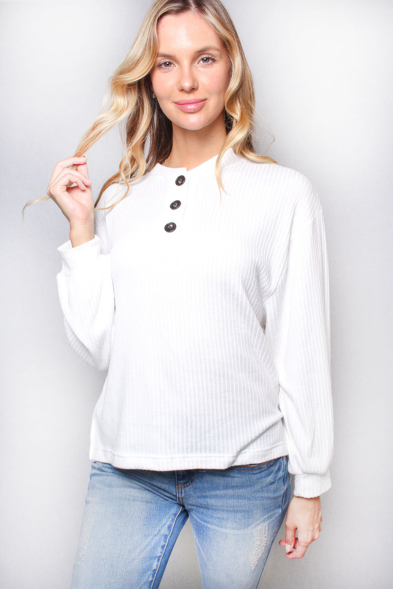 Women's Solid Long Sleeve Ribbed Henley Top